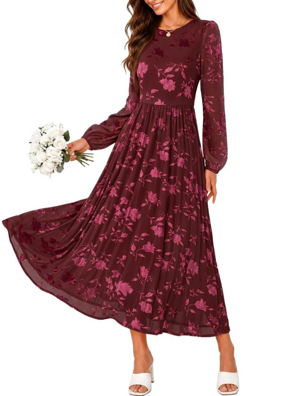 Women's Floral Long Sleeve Fall Wedding Guest Midi Dress